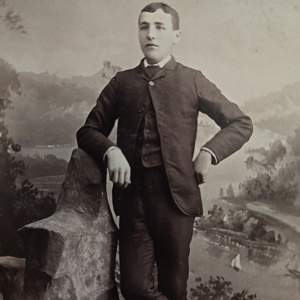 Antique Cabinet Card Photo Handsome Man, Lake Mountain Backdrop~ Menomonie WI